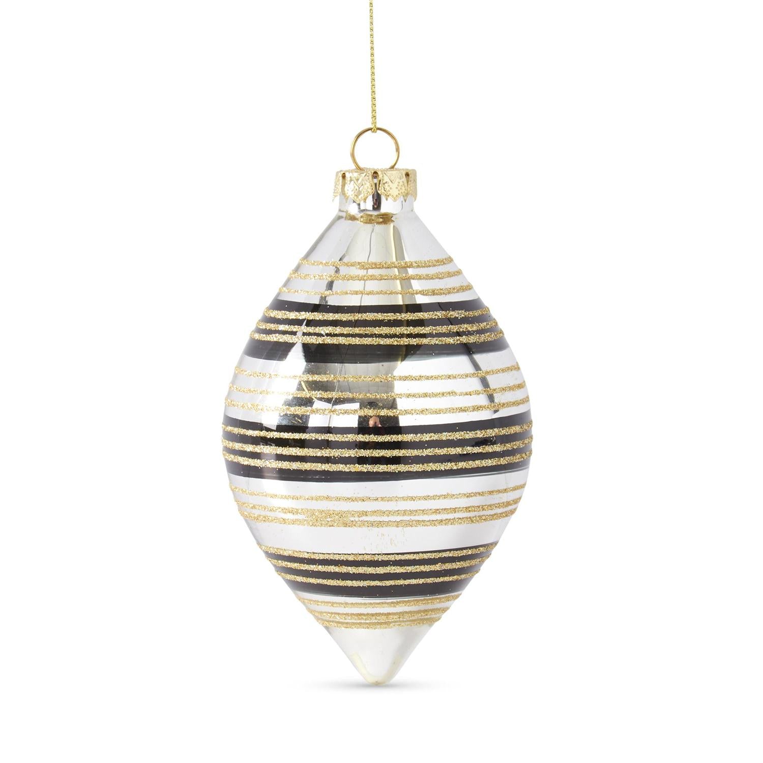 ASSORTED GLASS ORNAMENTS W/BLACK & GOLD GLITTERED STRIPES