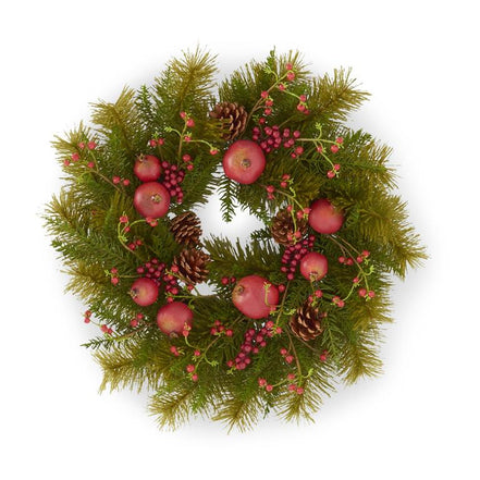 27" Flocked Pine Wreath w/Red Berries Pinecones & Pomegranates