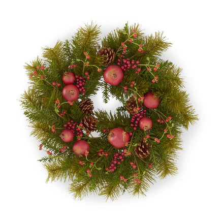 27" Flocked Pine Wreath w/Red Berries Pinecones & Pomegranates