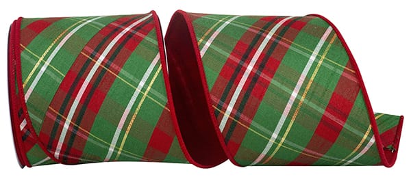 RIBBON PLAID DUPIONI VERDE DIAGONAL RED BACKED WIRED EDGE 4"x10yds