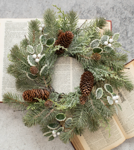 15" SNOW PINE & CEDAR W/BERRIES & CONES MINI WREATH