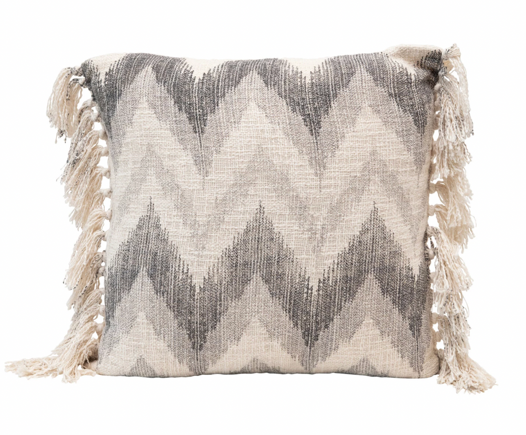 Stonewashed Pillow w/ Chevron Print & Fringe