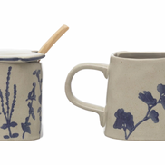 Hand-Stamped Stoneware Sugar Pot w/ Lid, Wood Spoon & 5 oz. Creamer