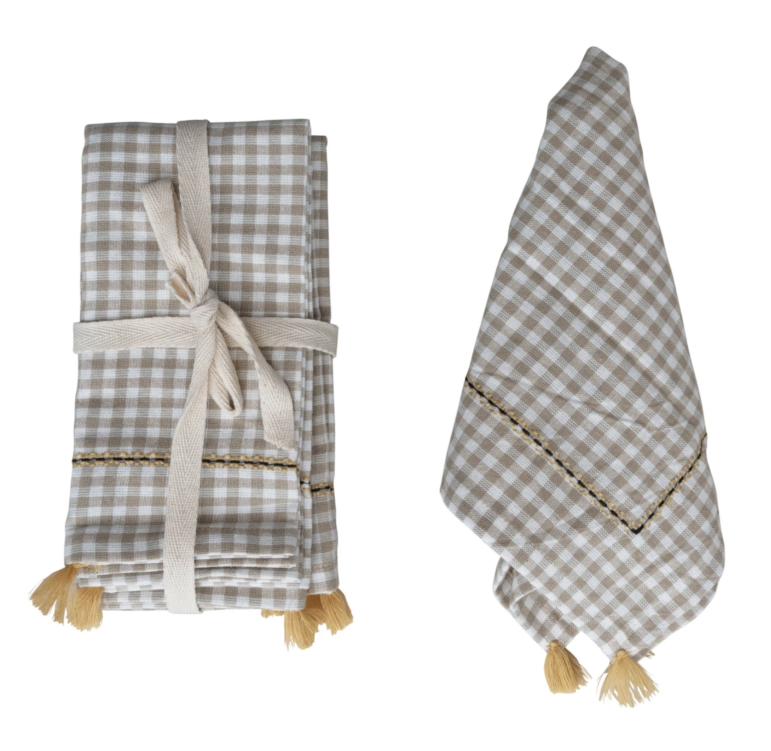 Set of 4 Cotton Napkins w/ Embroidery & Mustard Color Tassels