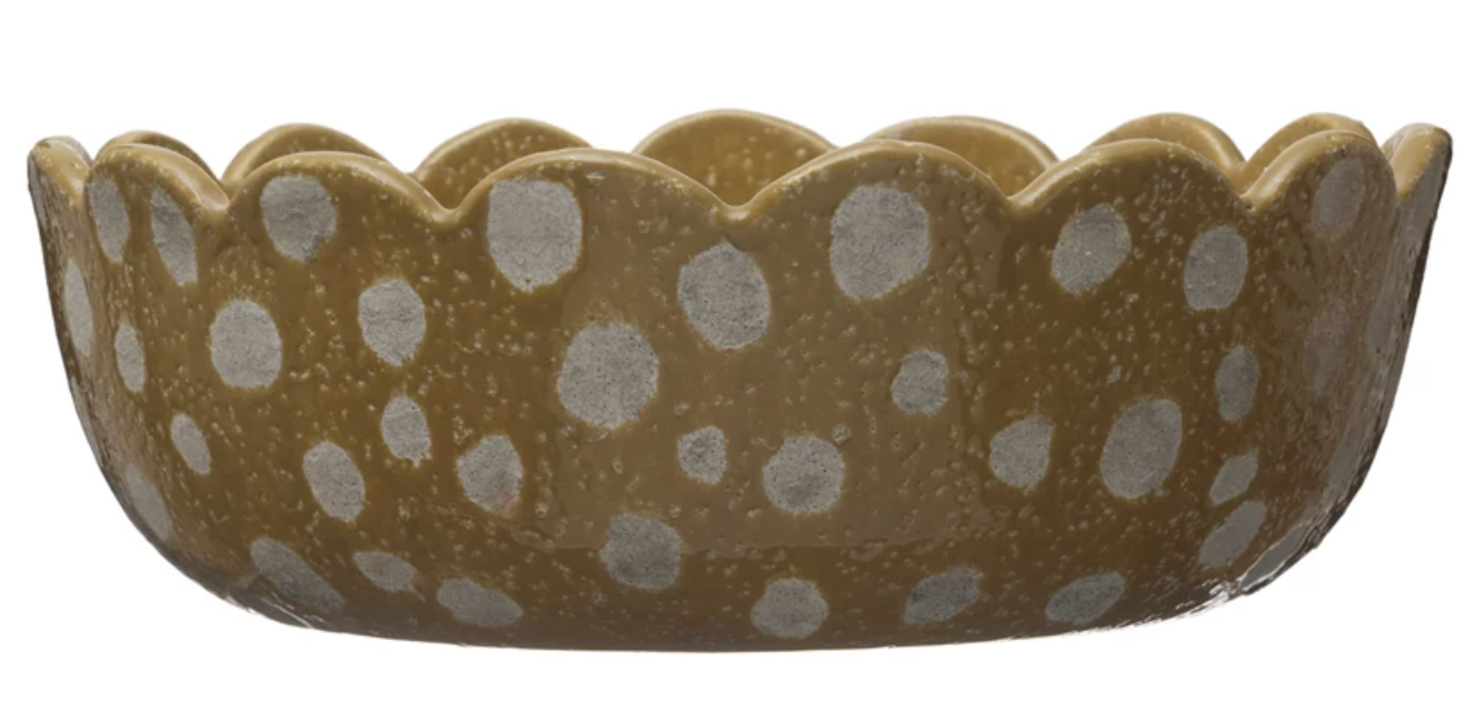Decorative Hand-Painted Terracotta bowl w/ Scalloped Edge & Dots