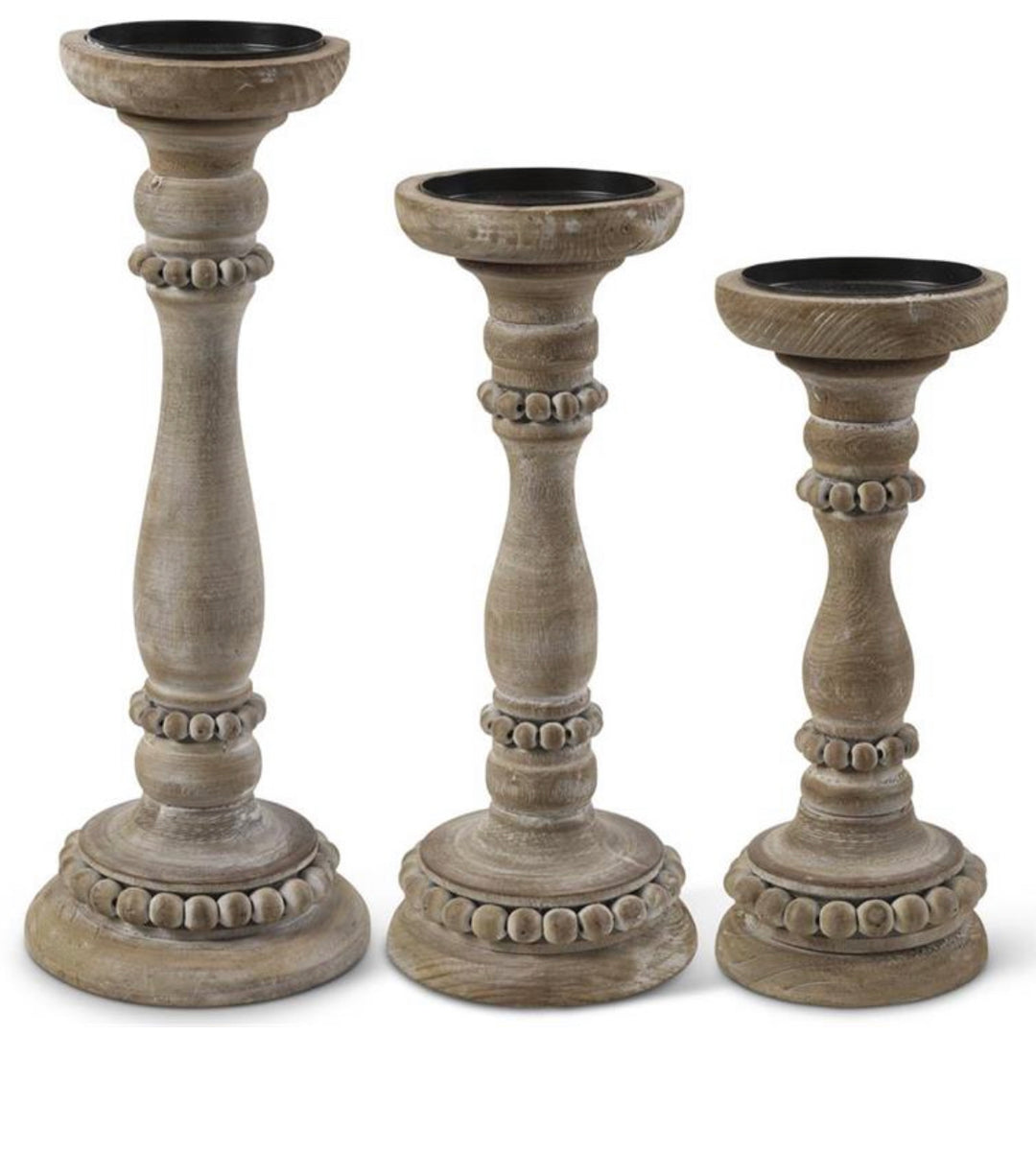 13.75” Wooden Candleholder W/ Beaded Trim