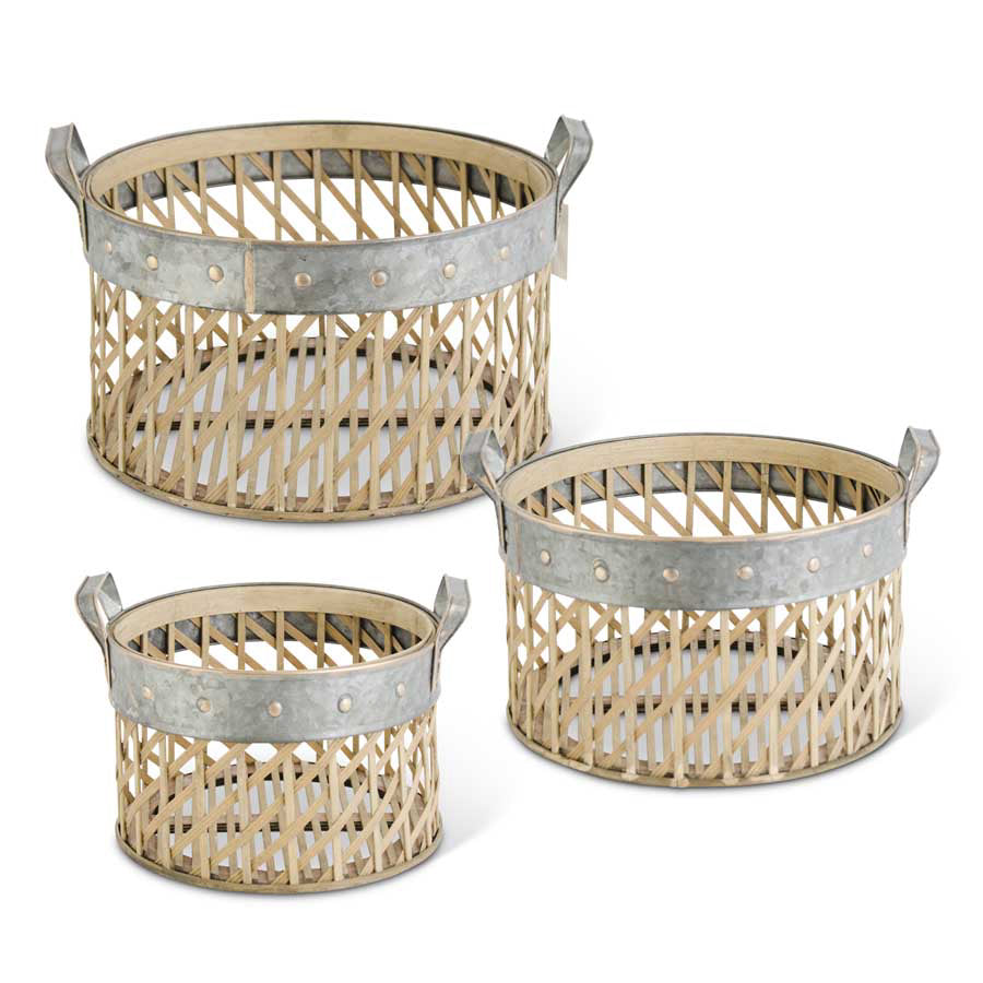 Basket-Circular Bamboo w/ Metal Trim Medium