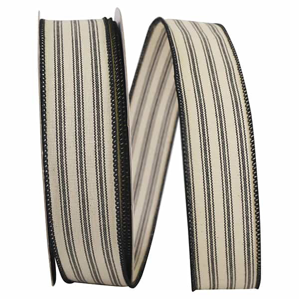Ribbon Ticking Linen Stripe Wired Edge Black And Cream RR