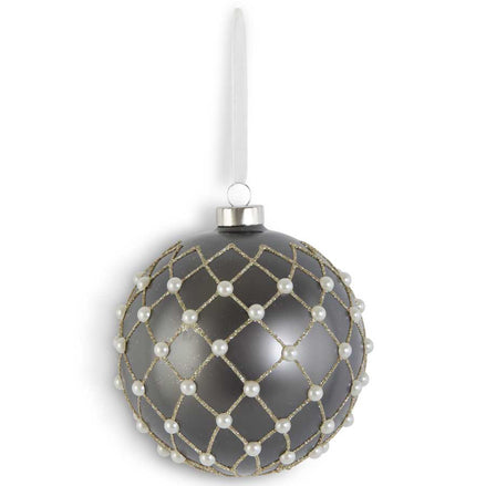 Matte Gray Quilted Ornament with Glitter & Pearls 4.75"