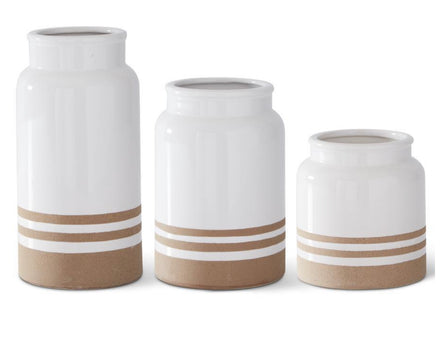 White w/ Tan Stripe Ceramic Vase