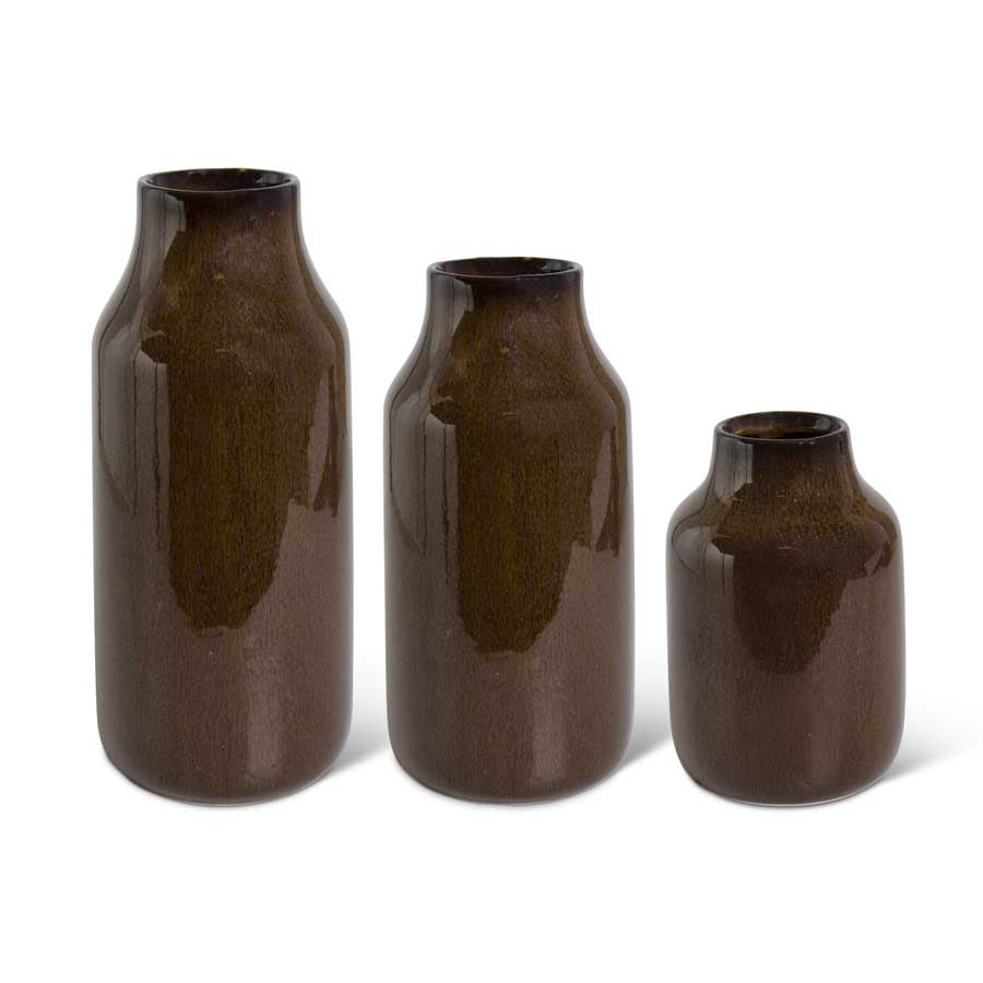 Vase Ceramic Brown Glazed Fluted Neck 13.75”