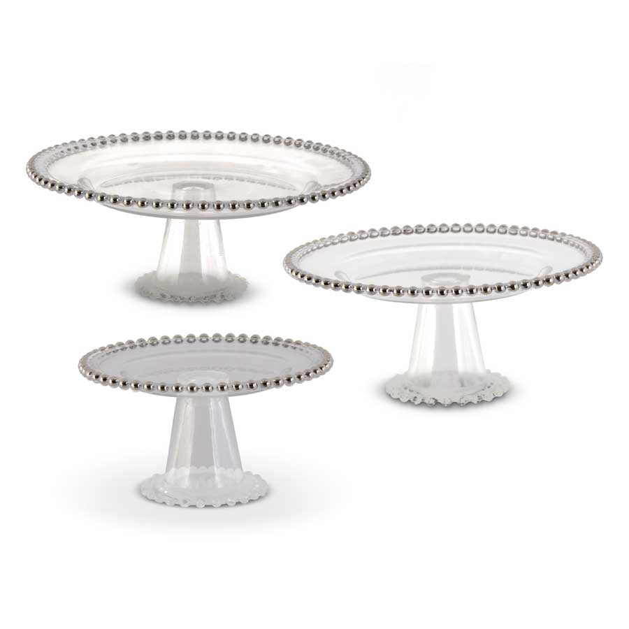 Cake Stand Glass w/Silver Glass Bead Trim 12.5” KK
