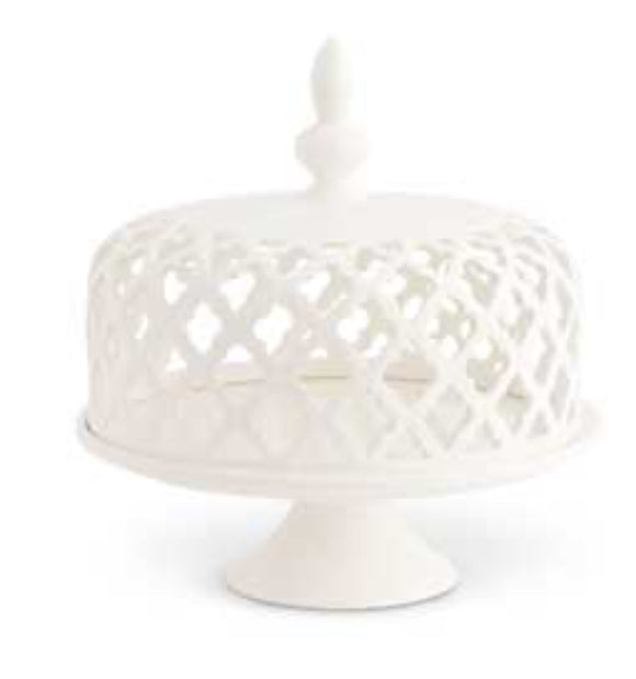 Lidded Cake Dome Filigree White Ceramic