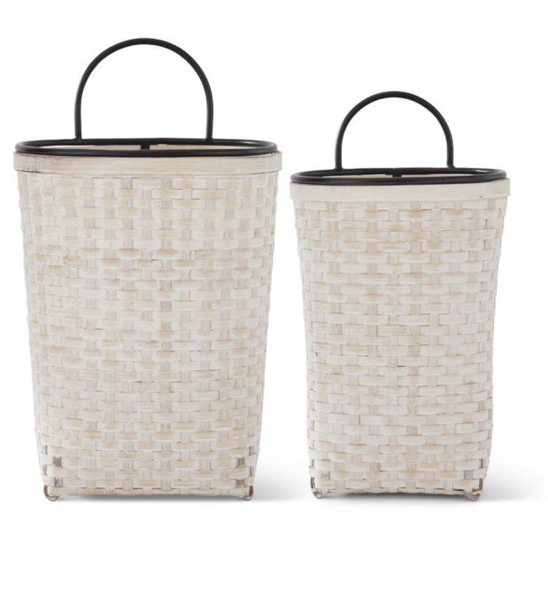 Basket- LG Whitewashed Woven Bamboo Nesting Wall Baskets