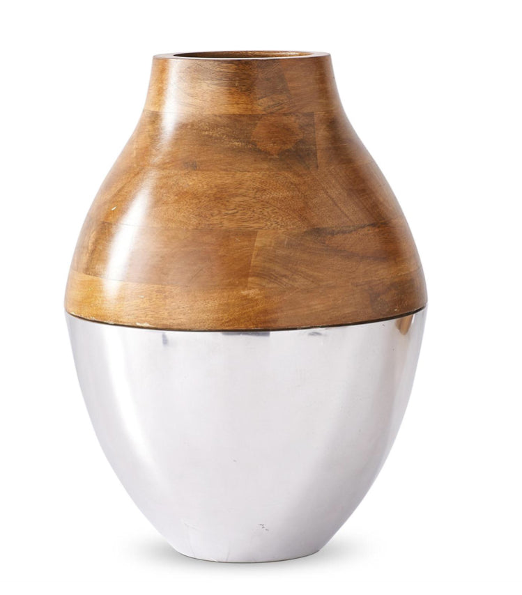 Large Silver Metal And Wood Vase