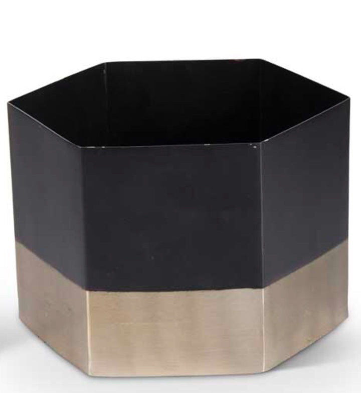 Pot Hexagon Black Matte Metal Gold Rim Large
